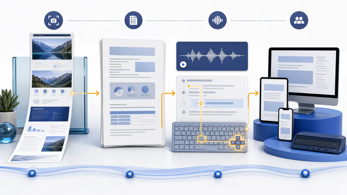 Fluxo de trabalho de entrega acessível, desde captura visual até texto estruturado, suporte de áudio, navegação por teclado e vários dispositivos.